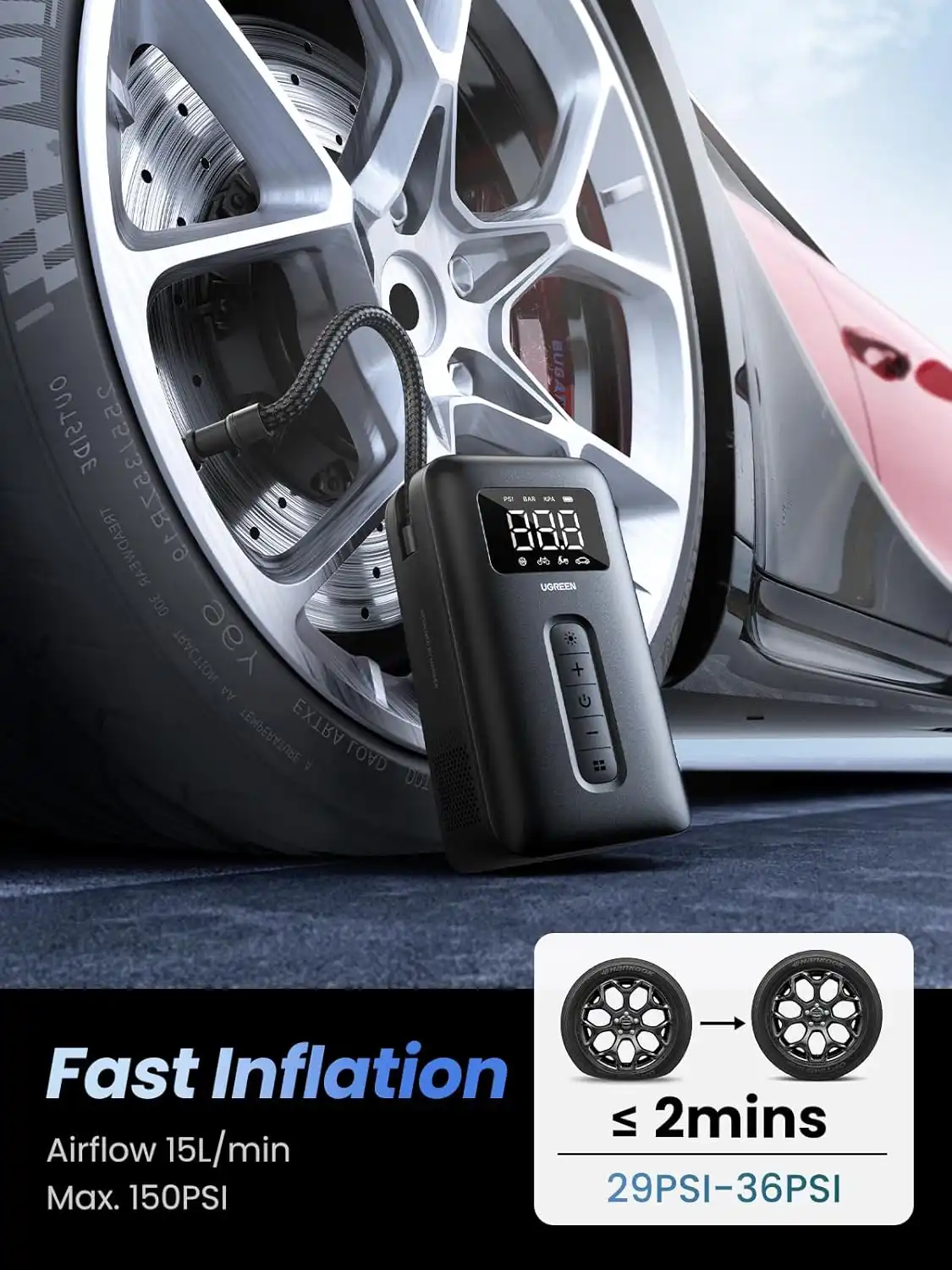 پمپ باد یوگرین UGREEN Portable Electric Air Pump 150PSI CD259 9 پمپ باد یوگرین UGREEN Portable Electric Air Pump 150PSI CD259 - Image 9