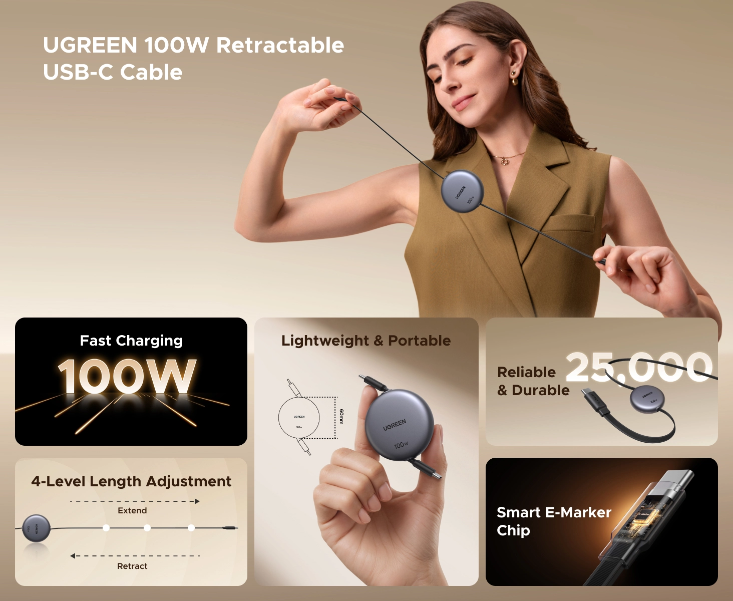کابل شارژ 1 متر یوگرین UGREEN 100W Nexode Retractable USB C Cable L531 12 کابل شارژ یوگرین UGREEN 100W Nexode Retractable USB C Cable L531